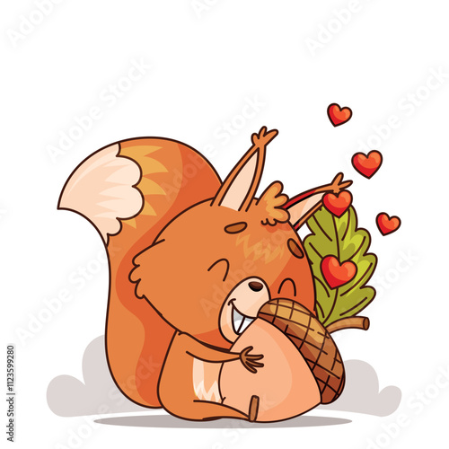 An adorable and cheerful cartoon squirrel joyfully hugs a cute acorn while being surrounded by colorful hearts