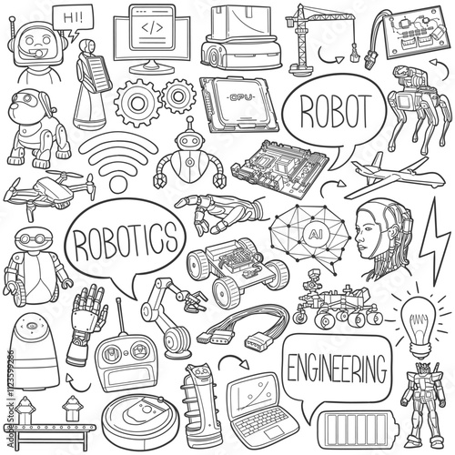 Robotics Doodle Icons Black and White Line Art. Robot Technology Clipart Hand Drawn Symbol Design.