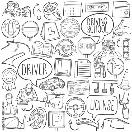 Driving School Doodle Icons Black and White Line Art. Drive Learner Clipart Hand Drawn Symbol Design.