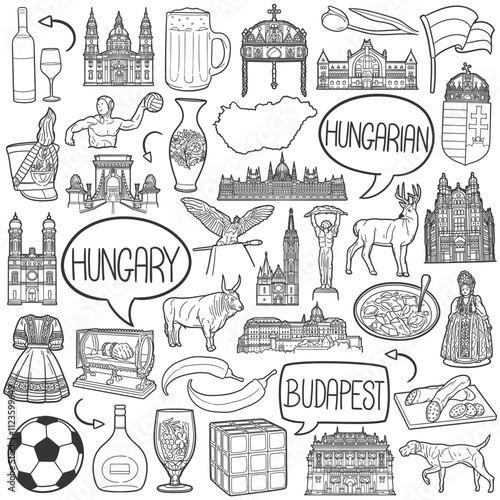 Hungary Doodle Icons Black and White Line Art. Hungarian Clipart Hand Drawn Symbol Design.