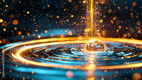 Water droplets creating ripples in calm pond, reflecting vibrant colors and light, evoke sense of tranquility and beauty in nature