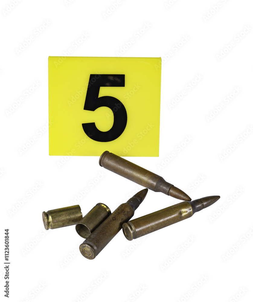 Cartridges with shell casings at the crime scene, yellow marker number 8 is installed nearby. Transparent background