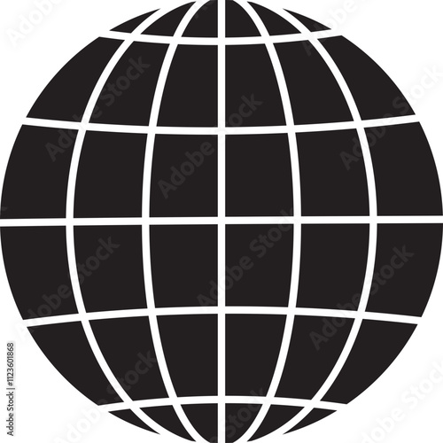 World glob icon World planet earth black flat line vector  isolated on transparent background. Globes with world maps symbol. Silhouette of the Geographical globe with meridians web.