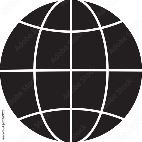 World glob icon World planet earth black flat line vector  isolated on transparent background. Globes with world maps symbol. Silhouette of the Geographical globe with meridians web.