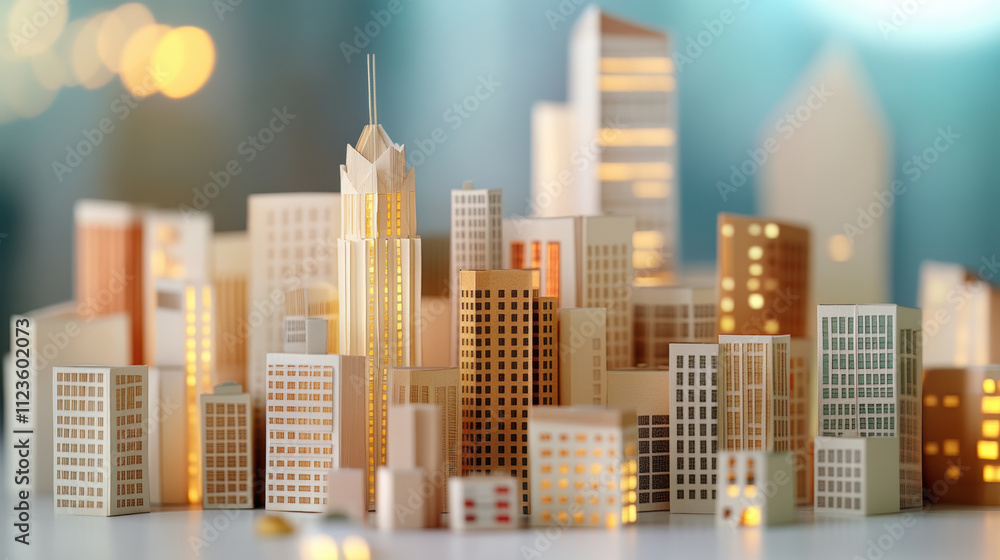 Fototapeta premium Abstract folded paper cityscape with futuristic buildings, illuminated windows, and soft bokeh background creates serene urban atmosphere