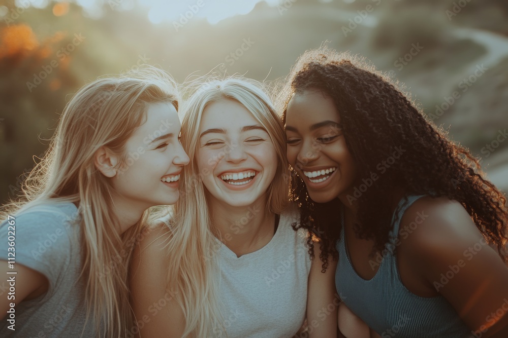 Joyful young women sharing laughter and friendship during an outdoor college break Joyful young women sharing laughter and friendship during an outdoor college break