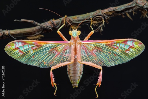 The vibrant female Spiny Flower Mantis (Pseudocreobotra wahlbergii) displays wings on a dark backdrop, Generative Ai.