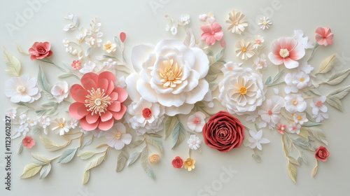 Delicate floral arrangement featuring intricate paper flowers in various colors and sizes, showcasing beautiful blend of artistry and nature elegance
