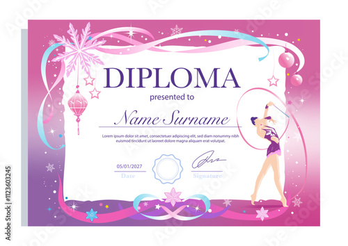 A horizontal winter rhythmic gymnastics diploma with a pink-purple gradient, festive ribbons, stars, snowflakes, and a gymnast performing