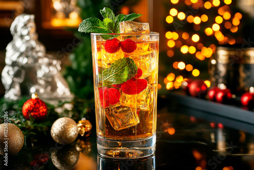 glass of alcohol, non-alcohol drink with ice and of berries and mint leaves. Cocktail served on bar conter with a Christmas tree in background photo