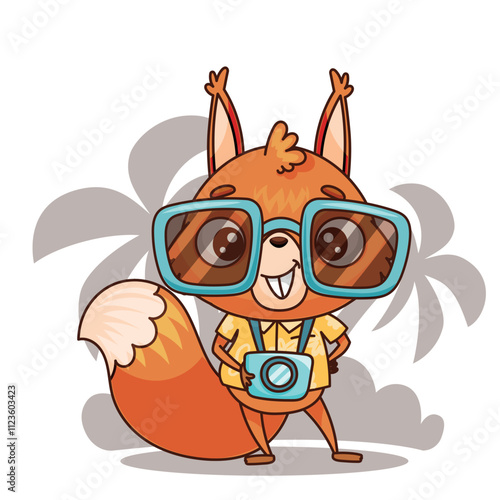 An adorable squirrel character is excited for thrilling adventures with a camera and fun accessories