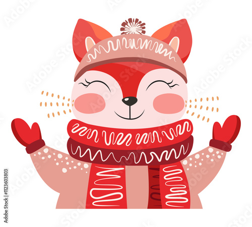 Cute stylized fox in winter clothes. Cartoon fox enjoying winter. Vector illustration of fox in sweater, gloves and scarf isolated on background