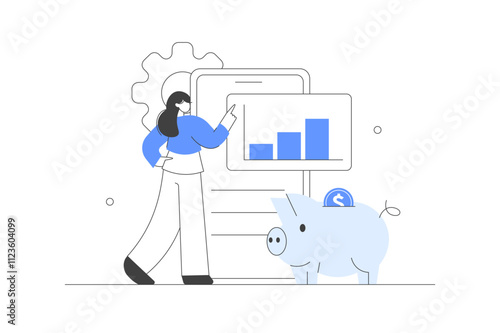 Сharacter Woman calculating, managing and collecting money in mobile financial app. Financial management, money savings and deposit growth concept. Flat Cartoon Vector Illustration, icon. Stylish 