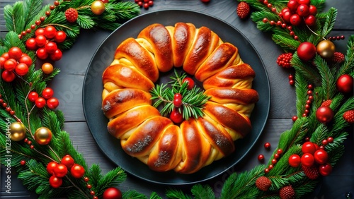 Festive brioche wreath bread with Christmas decorations