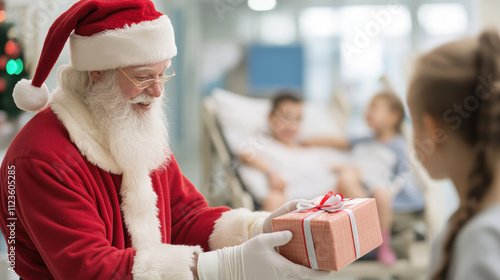 Santa Claus handing out gifts to children in cozy hospital setting, spreading joy and warmth during holiday season. scene captures spirit of giving and kindness
