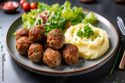 Golden Fried Meatballs with Creamy Mashed Potatoes and Fresh Salad Garnished with Parsley on a Plate