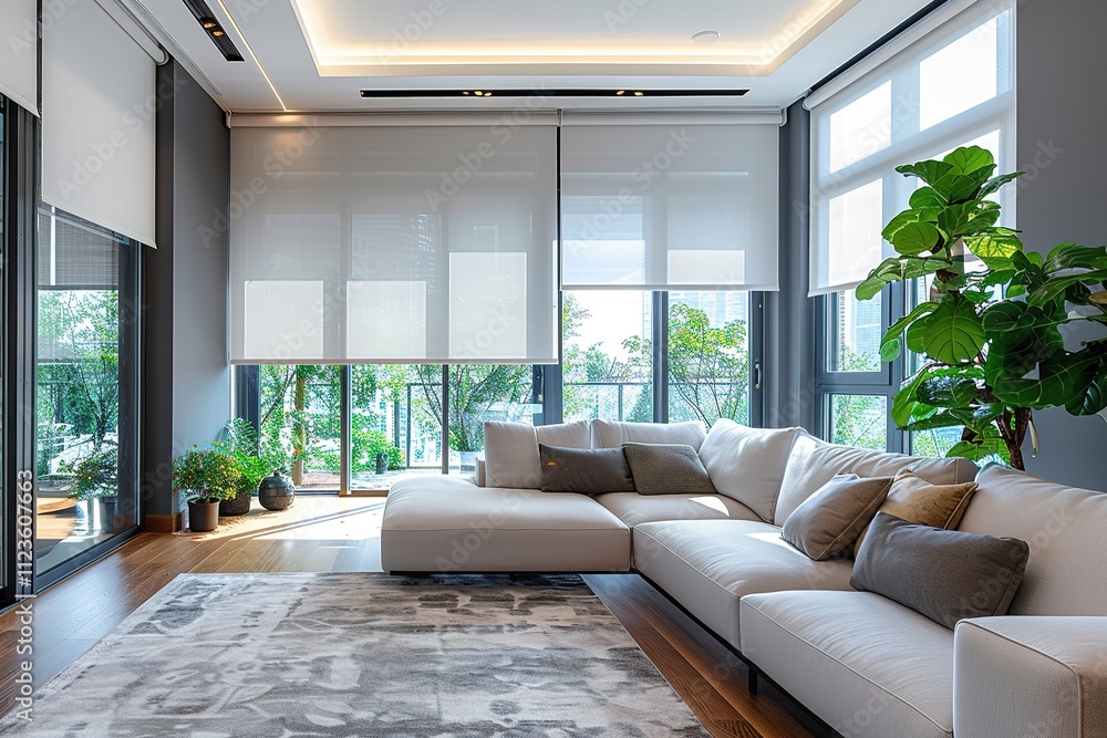 Fototapeta premium Interior roller blinds are installed in the living room, featuring white colored roller shades on the windows. Within the same room, there are also a houseplant and a sofa present