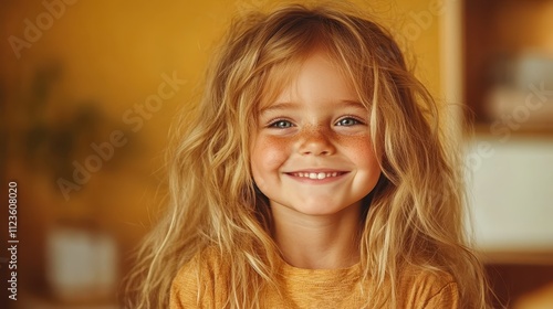 Wallpaper Mural A young child with long blonde hair smiles warmly in front of a golden background, exuding natural beauty and innocence captured in soft, natural light. Torontodigital.ca