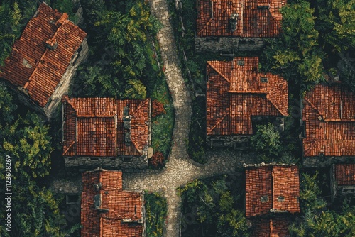 Wallpaper Mural Aerial view of a rustic village with red-tiled roofs surrounded by lush greenery and stone paths. Ideal for concepts of tradition, architecture, and rural charm. Torontodigital.ca