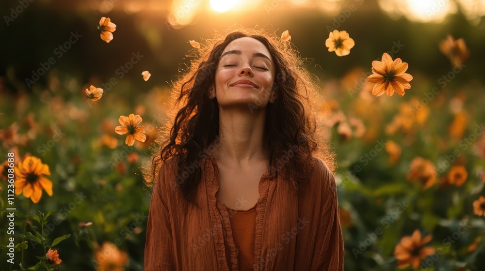 Naklejka premium A blissful image of a woman embracing nature, surrounded by golden sunlight and flowers, illustrating joy, contentment, and a connection to the earth.