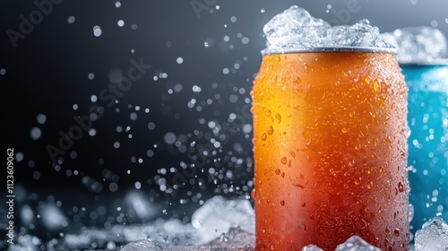 An orange soda can is dramatically highlighted with water droplets and ice cubes in the foreground, set against a blue shadowed background, exuding cool refreshment. photo