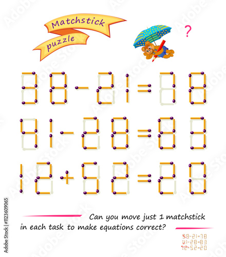 Logic puzzle game with matches. Can you move just 1 matchstick in each task to make equations correct? Exercises on addition and subtraction. Brain teaser for developing spatial thinking. Vector image
