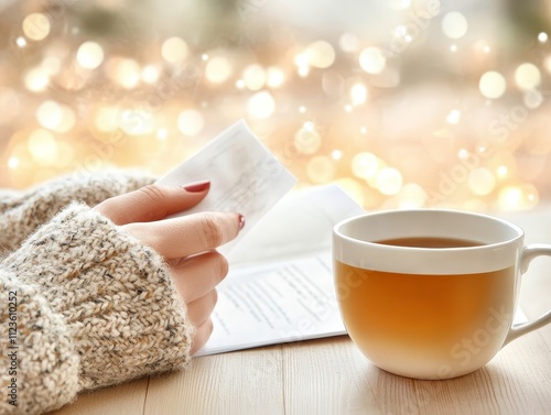 A close-up of tea and hands holding a book, surrounded by soft lights, perfect for themes of comfort and leisure photo