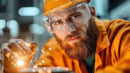 A bearded machinist in a safety helmet and goggles is focused on his work, producing sparks in an industrial setting filled with a determined atmosphere. photo