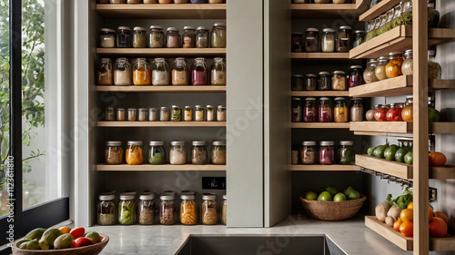 Wallpaper Mural Modern pantry organization with glass jars and neatly displayed vegetables and groceries, emphasizing healthy kitchen interior design and showcasing organic ingredients in a stylish home. Torontodigital.ca