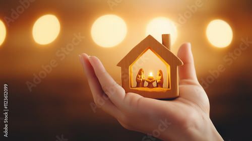 Hand holding a wooden nativity scene with glowing light, representing Christmas or religious themes in a warm and cozy setting. photo