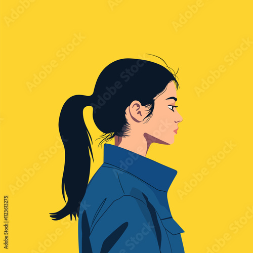 Stylish Girl Profile Vector. Blue Denim Jacket and High Ponytail against Yellow Background