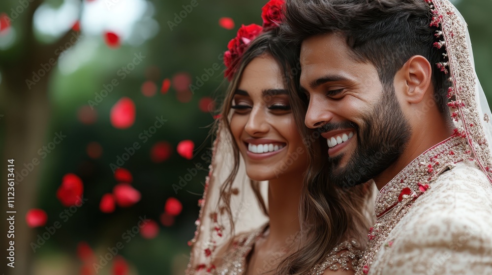 Obraz premium A joyful bride and groom, adorned in traditional wedding outfits, smile radiantly as rose petals surround them, celebrating love, happiness, and togetherness.