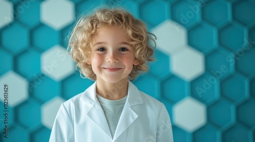 A cheerful child wearing a white coat stands before a blue wall with hexagonal patterns, possibly symbolizing future aspirations in science or healthcare fields. photo