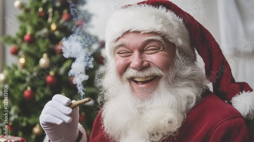 Santa Claus Smiling While Smoking a Blunt, Relaxing in a Festive Room with a Decorated Christmas Tree and Gifts.