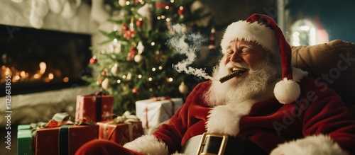 Santa Claus Smiling While Smoking a Blunt, Relaxing in a Festive Room with a Decorated Christmas Tree and Gifts, Copy Space.