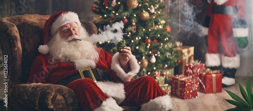 Chill Santa Enjoying the Holidays: Relaxing on the Couch with a Cannabis Bud and a Festive Christmas Tree in the Background, Copy Space.  photo