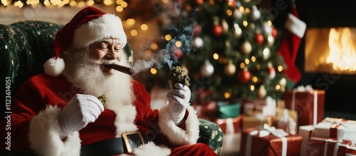 Smiling Santa Claus Enjoying a Blunt and Holding a Cannabis Bud, Surrounded by a Festive Christmas Tree and Gifts, Copy Space. photo