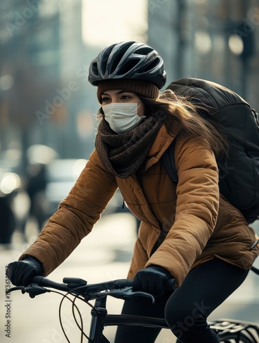 Workers women go cycling in the city to work.She wears a mask photo