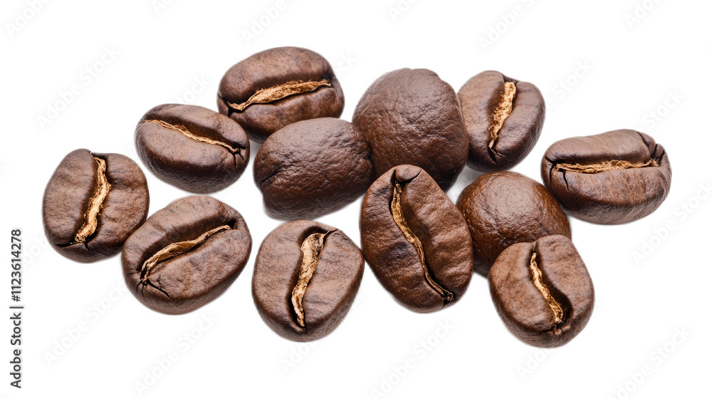 Obraz premium Close-Up of Freshly Roasted Coffee Beans on White Background