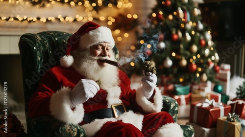 Smiling Santa Claus Enjoying a Blunt and Holding a Cannabis Bud, Surrounded by a Festive Christmas Tree and Gifts. photo