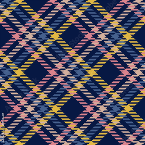 Vector plaid seamless pattern diagonal intersecting blue, pink and yellow lines