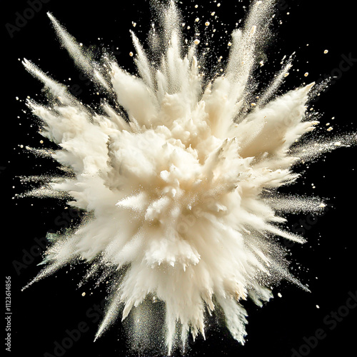 Dynamic burst of white powder in mid-air, captured against a black background