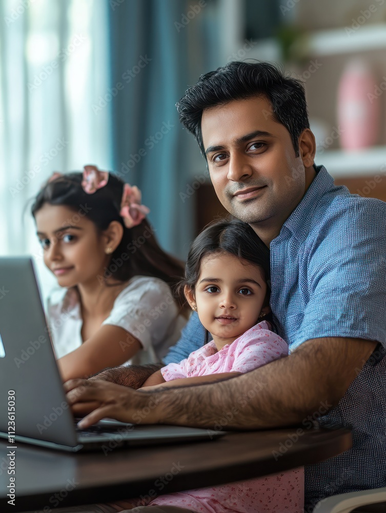Young indian man father remote working online from home office while his family wife and child daughter spending time at home. Busy parent dad using laptop computer sitting at table in homeoffice. Young indian man father remote working online from home office while his family wife and child daughter spending time at home. Busy parent dad using laptop computer sitting at table in homeoffice.