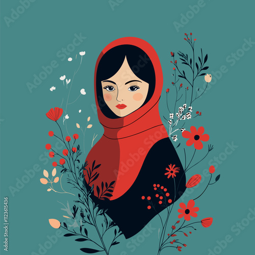 Elegant Woman in Red Headscarf with Floral Frame