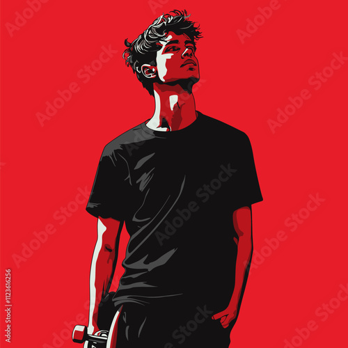 Stylized Portrait of a Pensive Young Man with Skateboard