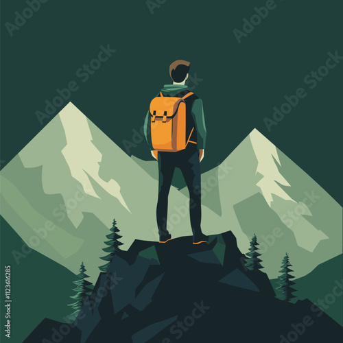 Hiker Contemplating Majestic Mountain View. A Backpacking Adventure