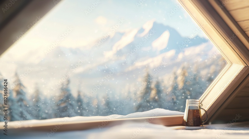 A cup of coffee resting atop a window sill, overlooking a snow-covered mountain amidst a forest A cup of coffee resting atop a window sill, overlooking a snow-covered mountain amidst a forest