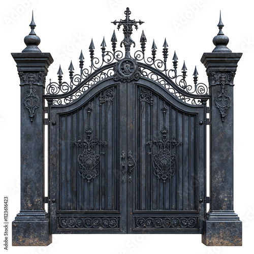 ornate black wrought iron gates majestic design gothic architecture transparent background photo