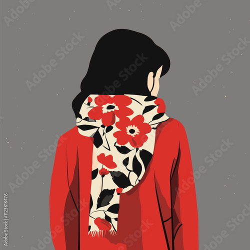 Back View of a Woman in Red Coat with Floral Scarf, Minimalist Art