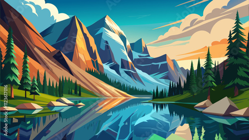 Majestic mountain landscape with vibrant colors reflecting on a calm lake during sunset